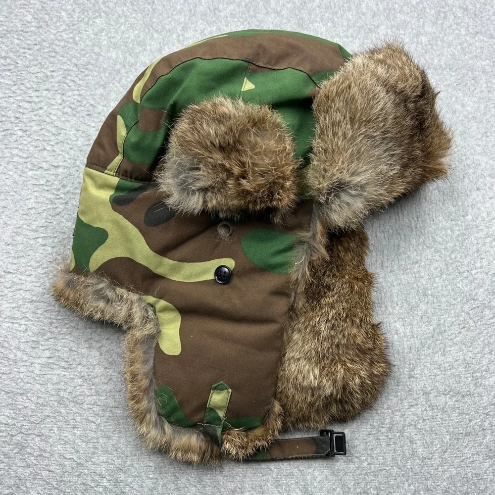 Safesport‎ Outdoor Gear Trapper Hat Mens XL Green Camo Rabbit Fur Trim Ear Flaps
